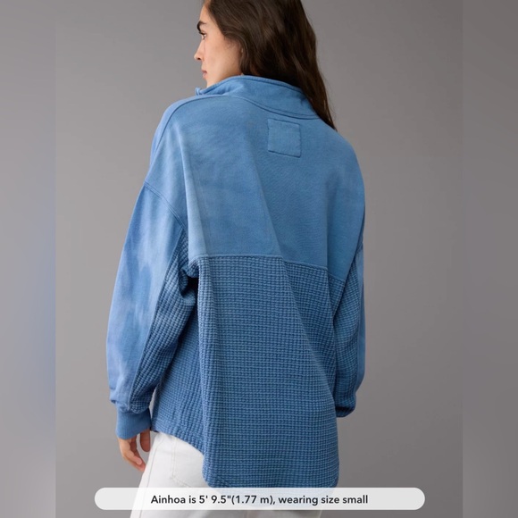 AE Half-Zip Pullover Sweatshirt Women’s Blue Oversized Waffle Top - Picture 4 of 6